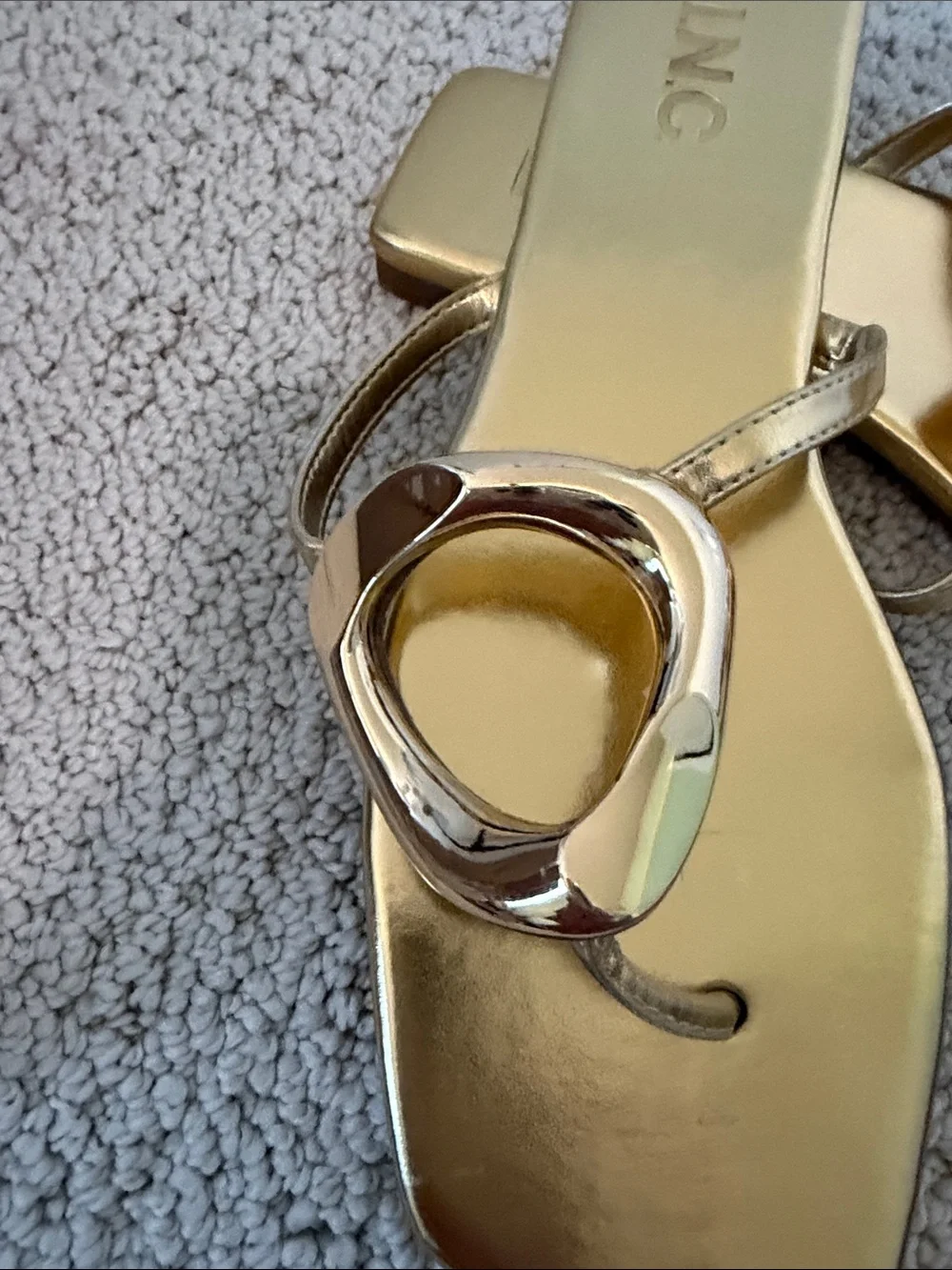Metallic Gold Square-Toe Thong Sandals with Decorative Ring - Picture 2 of 4